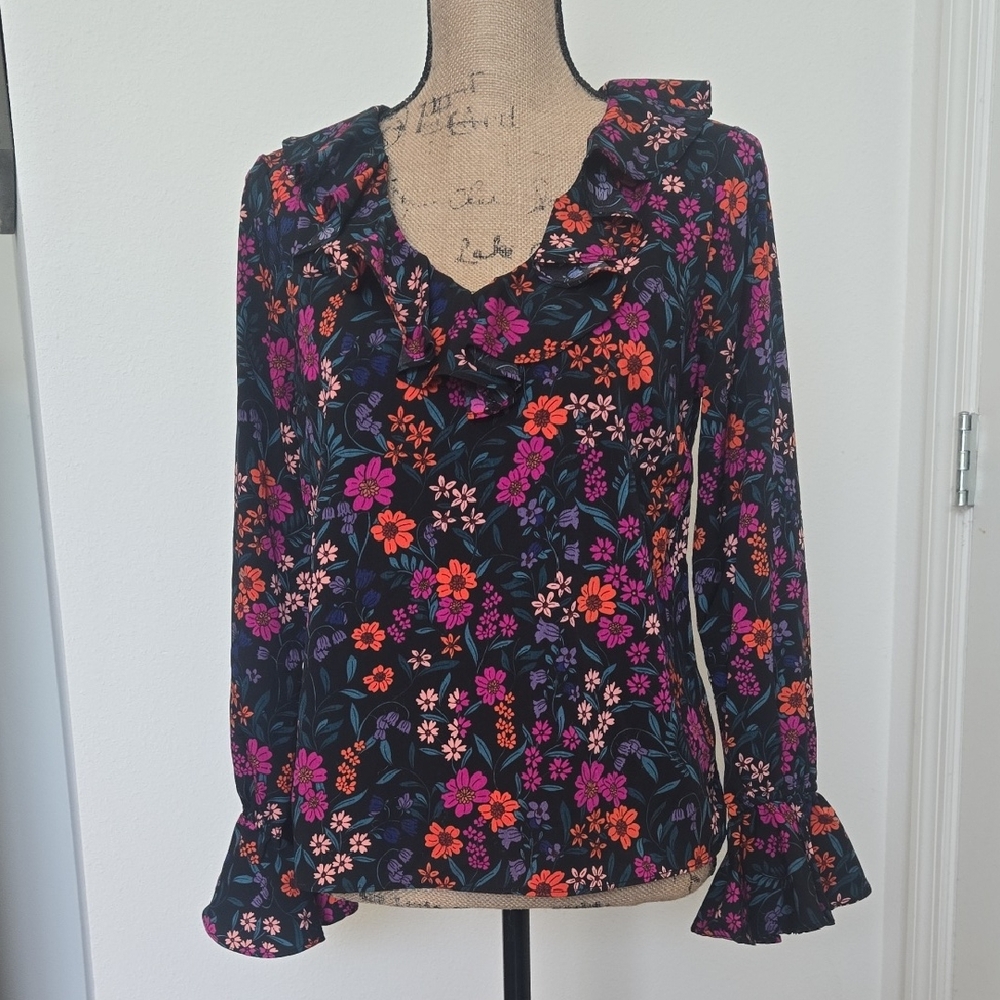 CeCe Black Floral Ruffle Blouse